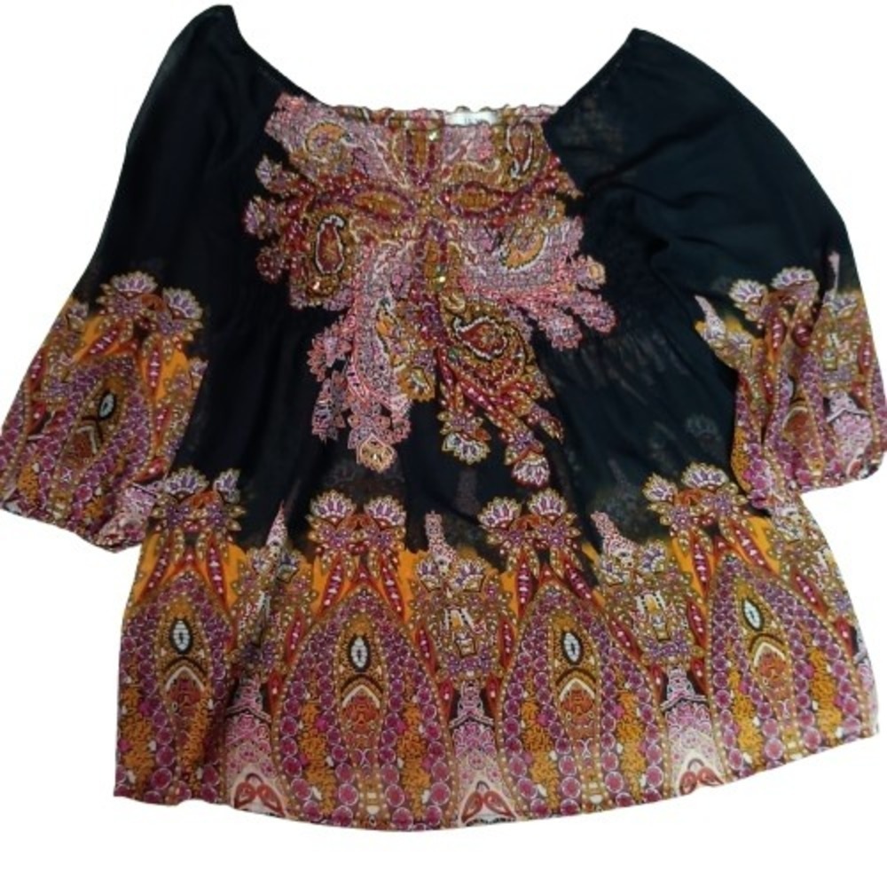 Luxe‎ by NYC Design Co Sheer Paisley Peasant Top Smocked Sequined Boho Y2K Small